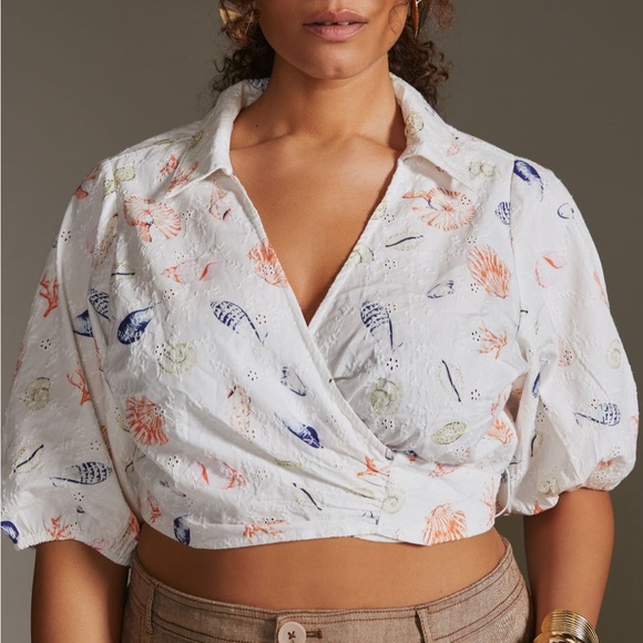 ✨ Anthropologie Puff-Sleeve Wrap Top Sz LP - Picture 7 of 10